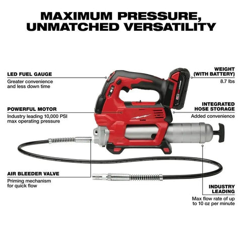Heavy Duty Cordless Two Speed High Flow Grease Gun Kit Runs Slick With Rapid Battery Charger And Extended Flex Hose featuring LED gauge and integrated hose storage.