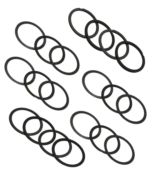 Black Coated 5/8x24 Barrel Shim Kit For.308 7.62mm 300 BLK Barrels, Stainless Steel Shims, 20 Pack, Multi Thickness Set For Quick Dial-In And Precise Alignment, showing multiple black shims in circular arrangement.