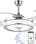 Retractable Bluetooth Ceiling Fan With Light And Speaker, Flush Mount Modern Invisible Design, RGB LED, 6 Speed Reversible Motor, Remote And App Control, Lit Colorful LED Modes And Built In Speaker For Dope Smart Home Vibe with retractable blades and smartphone controls.