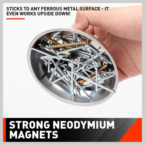 Magnetic Parts Tray Set For Gearheads And Pros Stainless Steel Heavy Duty Tool Organizer with round tray holding screws and nuts