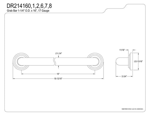 Diagram of Milano 16 Inch Brass Grab Bar With 1-1/4 Inch Diameter Polished Nickel Finish, 17 Gauge Solid Brass measurements