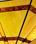 Close-up of 14 Inch Tiffany Style Stained Glass Mission Flush Mount Ceiling Light in brownish yellow with antique finish