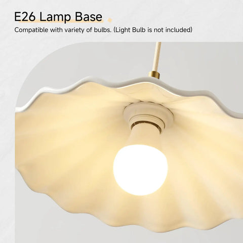 E26 lamp base of Premium White Scalloped Ceramic Pendant Light for various bulbs, showcasing vintage charm and heat resistance.