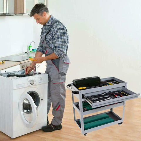 Heavy Duty Rolling Tool Cart With Drawer And Lockable Wheels, 3 Tier Mobile Garage Organizer beside a washing machine