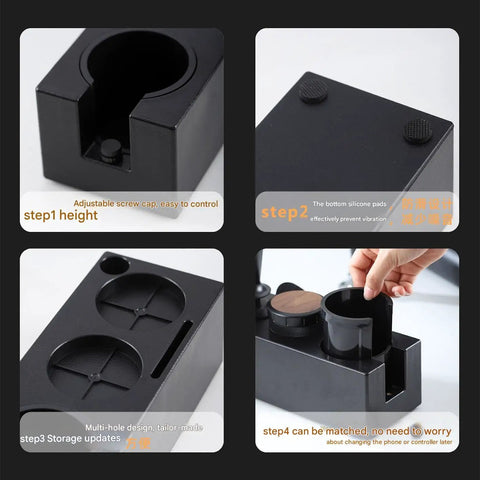 Top Notch Espresso Tamper Base With Distribution Tool for 51mm 53mm And 58mm Portafilters, showing adjustable height and silicone pads.