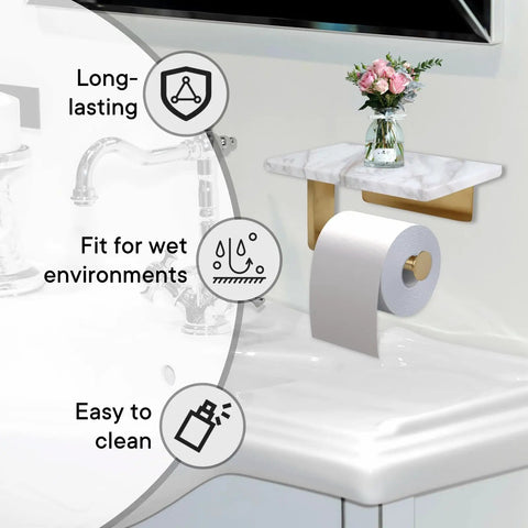 Dope Mega Roll Toilet Paper Holder With Natural Marble Shelf, Wall Mounted Bathroom Organizer in Brushed Gold over sink