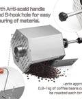 Badass Build Hella Spacious Gas Coffee Bean Roaster With Thermometer And Stainless Steel Drum For Home And Commercial Use showing anti-scald handle and S-hook hole.