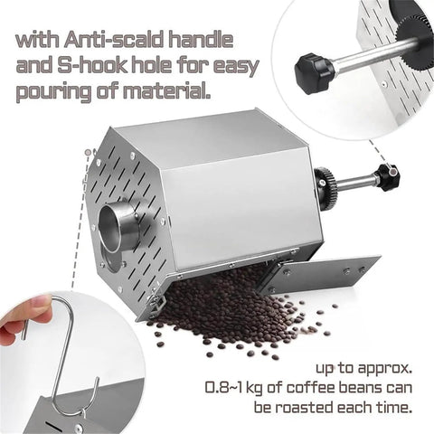 Badass Build Hella Spacious Gas Coffee Bean Roaster With Thermometer And Stainless Steel Drum For Home And Commercial Use showing anti-scald handle and S-hook hole.