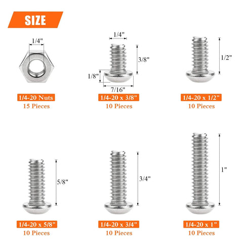HELIFOUNER 65-piece stainless steel 1/4-20 UNC button head socket screws and nuts set in five lengths