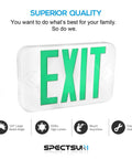 Slick Double Pack LED Exit Signs With Rock Solid Battery Backup, Hella Bright Green Exit Light For Indoor Hallways, Hardwired 120V To 277V Wall Or Ceiling Mount Featuring Glowing Arrow For Dead Simple Safety Upgrades, LED exit sign with green letters, 120-degree beam angle.