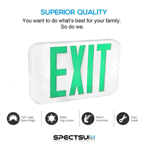 Slick Double Pack LED Exit Signs With Rock Solid Battery Backup, Hella Bright Green Exit Light For Indoor Hallways, Hardwired 120V To 277V Wall Or Ceiling Mount Featuring Glowing Arrow For Dead Simple Safety Upgrades, LED exit sign with green letters, 120-degree beam angle.