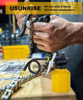 Dual spout metal pump oiler in use for bike chain lubrication on workbench.