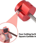 Aluminum PVC Pipe Reamer With One And A Half Inch Head For Water Drain And Vent Lines PVC Fitting Saver And Socket Saver Durable Alloy Body With Stainless Hex Shaft Perfect For Pros And DIY Home Projects featuring a red cutting surface with square carbide insert