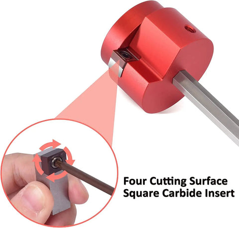 Aluminum PVC Pipe Reamer With One And A Half Inch Head For Water Drain And Vent Lines PVC Fitting Saver And Socket Saver Durable Alloy Body With Stainless Hex Shaft Perfect For Pros And DIY Home Projects featuring a red cutting surface with square carbide insert
