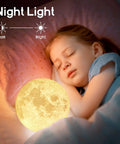 Child sleeping with Moon Lamp 7.1 Inch 3D Printed Lunar Night Light With 16 Colors Kid Room Decor Soft White To Warm Glow, bright setting.