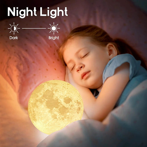 Child sleeping with Moon Lamp 7.1 Inch 3D Printed Lunar Night Light With 16 Colors Kid Room Decor Soft White To Warm Glow, bright setting.