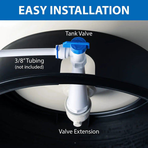 Tank valve and tubing for 11 Gallon Pre Pressurized Water Storage Tank For Reverse Osmosis Systems, white, shown with easy installation steps.