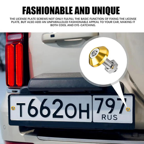 4 Piece Slick Gold Motorcycle License Plate Bolts showing gold screw fastener on license plate, M6 aluminum construction.