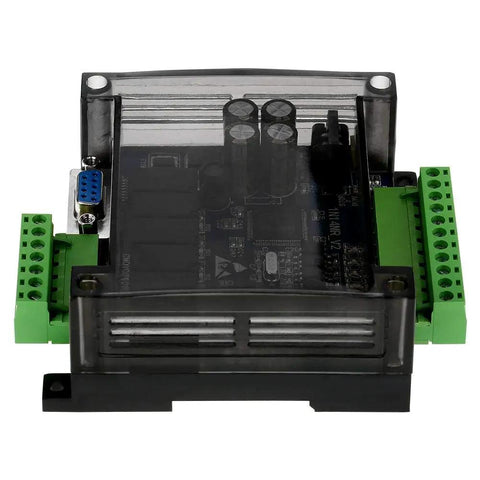 DC 24V FX1N 14MR PLC with relay output, green connectors, industrial control board front view, automation projects.