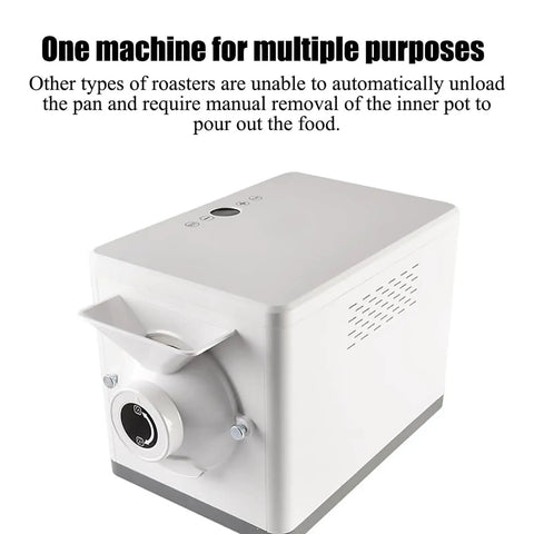 No Sweat Automatic Coffee Bean Roaster Featuring One Click Roast Cycle And Precision Temperature Controls For Even Browning and Top Shelf Flavor For Commercial Cafes - White machine with unloading chute
