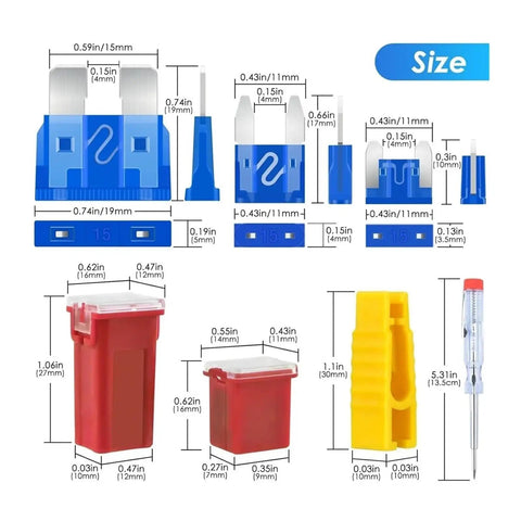 Fuses Assortment Kit With Standard And Small Blade Fuses 304 Pcs Box Shaped Set Includes Low And Tall Profile Fuses And Puller For Auto And Home Electrical Protection size chart.