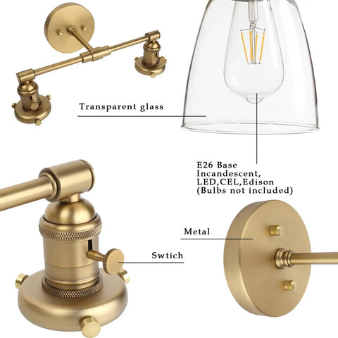 Dope Retro Industrial 2 Light Wall Sconce For Bathroom Vanity And Living Room with Clear Glass Shades and Metal Finish Details