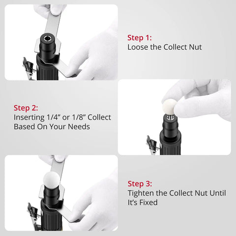 Heavy Duty 25000Rpm Straight Air Die Grinder Featuring Rear Exhaust Design for adjusting collect nut during setup steps.