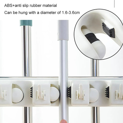 Close-up of Heavy Duty Stainless Steel Broom And Mop Organizer Cart with grips and hanging slots for 1.6-3.6cm diameters