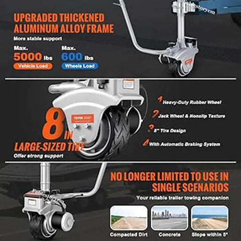 Heavy Duty Electric Trailer Dolly With 5000 Lbs Tow Capacity, Powerful 350W Motor Jockey Wheel, 8-inch rubber tire.