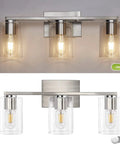 Three Light Vanity Wall Light in Brushed Nickel for Bathroom Over Mirror shown in on and off states