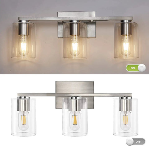 Three Light Vanity Wall Light in Brushed Nickel for Bathroom Over Mirror shown in on and off states