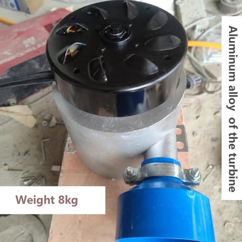 Close-up of 3KW Micro Hydroelectric Generator With 220V Output For Rivers And Creeks, showing aluminum turbine and blue component.