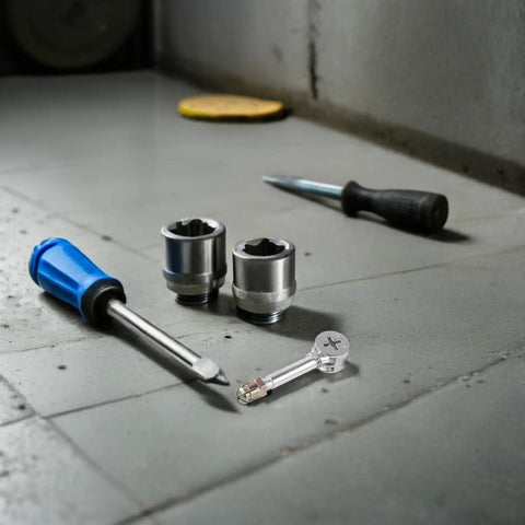 Heavy-Duty Knockdown Cam Locks And Dowel Bolts With Threaded Studs For That No-Sweat Drawer And Cabinet Assembly A 40-Piece Top-Shelf Furniture Hardware Kit To Kickstart Your Next Build Effortlessly, featuring silver steel cam locks and dowels on a work surface.