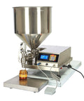 No Fuss Paste Filling Machine With Digital Display And Foot Switch, stainless steel, for creams and jams, with jar and control panel.