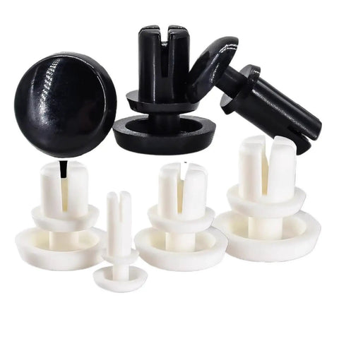 Heavy Duty Nylon Push Rivet Clips For PC Board And Wire Harness in black and white, ideal for secure installation in automotive and tech projects.