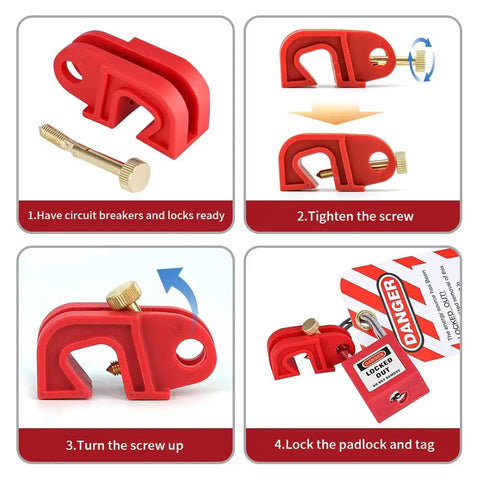 Diagram showing steps to use Universal Circuit Breaker Lockout Kit With Ten Lockout Devices And Ten Do Not Operate Tags LOTO