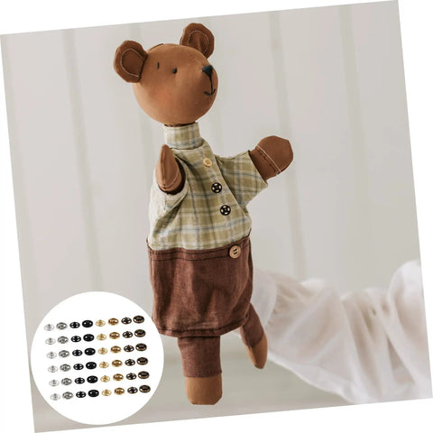 40 Pieces Miniature Metal Snap Fasteners For Doll Clothes And Craft Projects Decorative Buttons For Sewing And DIY Doll Accessories Safe And Easy Snap Closures with close-up of assorted colored snap fasteners and a toy bear dressed in clothing secured by these buttons.