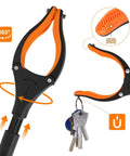 43-inch foldable reacher grabber tool with orange and black handle, rotating jaw and magnets