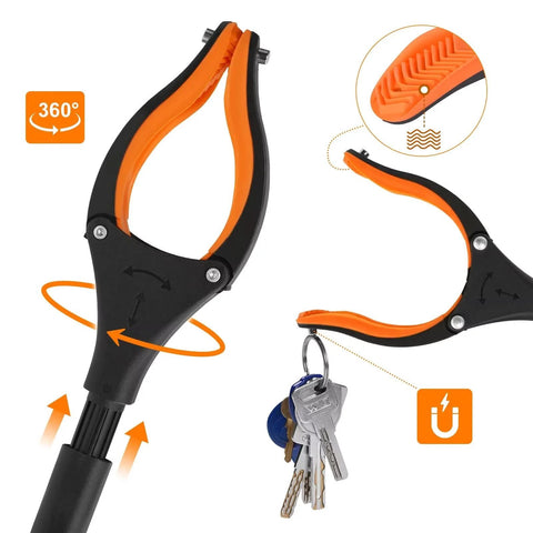 43-inch foldable reacher grabber tool with orange and black handle, rotating jaw and magnets