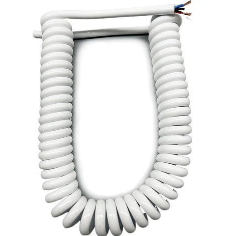 Heavy Duty Coiled Power Cord 15 AWG Pure Copper Spiral Spring Extension Cable in white, flexible spiral design for easy use.