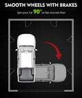 Diagram showing car rotated 90 degrees using a Heavy Duty Carbon Steel Tire Wheel Dollies Set Of 4 Car Movers on concrete floor.