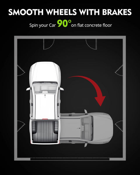 Diagram showing car rotated 90 degrees using a Heavy Duty Carbon Steel Tire Wheel Dollies Set Of 4 Car Movers on concrete floor.