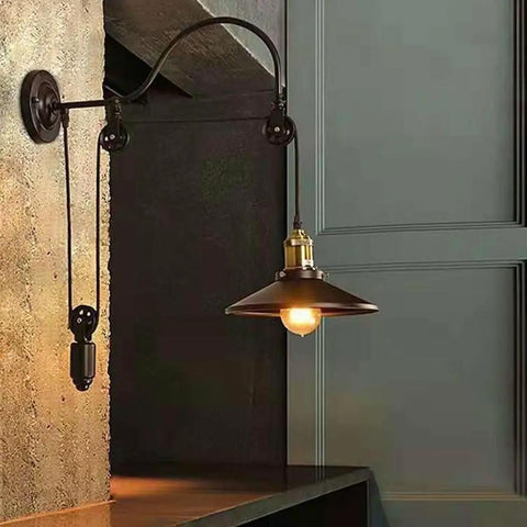 Adjustable Pulley Wall Sconce With Clear Glass Lampshade Straight Up Industrial Rustic Single Head Ceiling Light E27 Bulb Ready Fixture For Bar And Cozy Home Vibes, featuring a black and gold design.