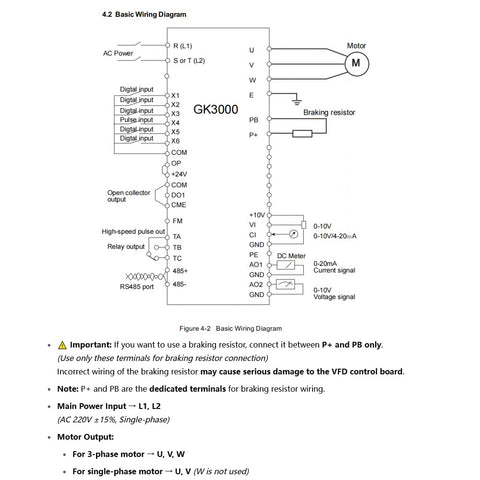 Wiring diagram for 25Hp Single Phase To Three Phase VFD Drive, includes braking resistor and power input instructions.