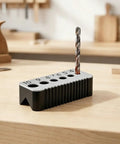 Straight Shooter Drill Bit Guide Plastic Locator Jig For Spot On Hole Placement Metric Precision Woodworking Tool with drill bit in grey finish.