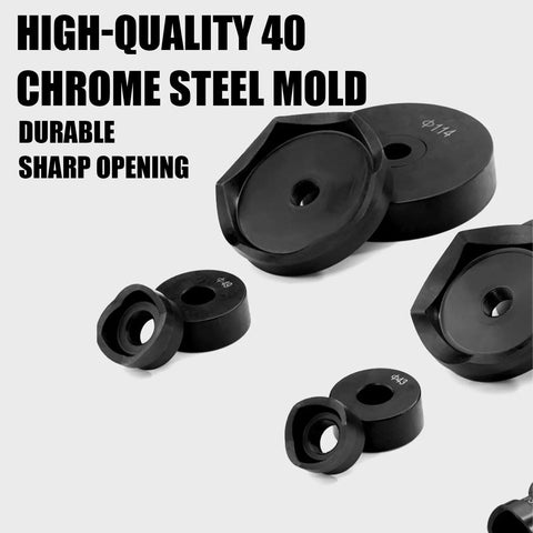 High-quality 40 chrome steel mold pieces with sharp opening, part of the 9 Ton Hydraulic Knockout Punch Kit For Conduit One Half Inch To Four Inch.
