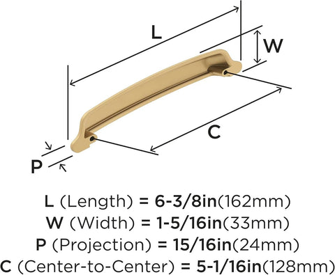 Diagram of Champagne Bronze Cup Cabinet Pull 5 1 16 Inch Center To Center 6 3 8 Inch Overall Length Stature Collection with dimensions