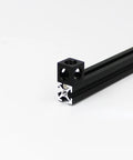Black aluminum 10x10mm extrusion with corner connector, part of 25 Piece T Slot Nut And Bolt Kit For 10X10Mm Extrusions.