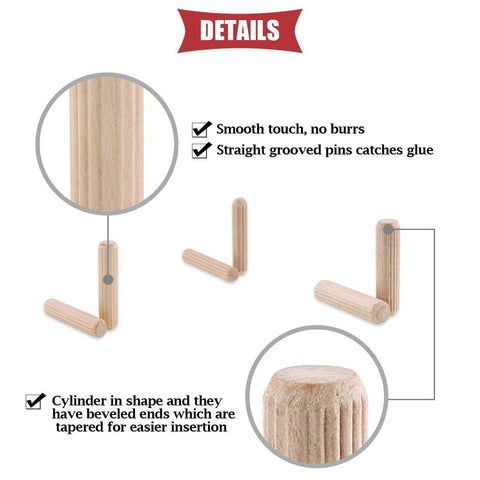 Premium Wood Dowel Pins Set 400 Pieces 6mm 8mm 10mm L Fluted Beveled Ends Tapered For Easier Insertion Straight Grooved Pins