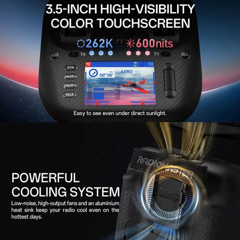 TX15 Max 3.5 Inch IPS Touchscreen Radio Controller highlighting the high-visibility screen and cooling system features.